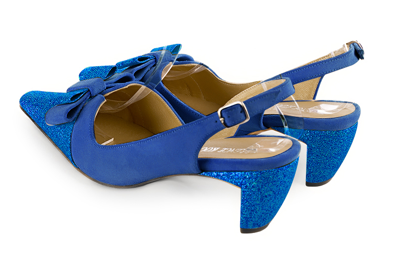 Electric blue women's open back shoes, with a knot. Tapered toe. Medium comma heels. Rear view - Florence KOOIJMAN